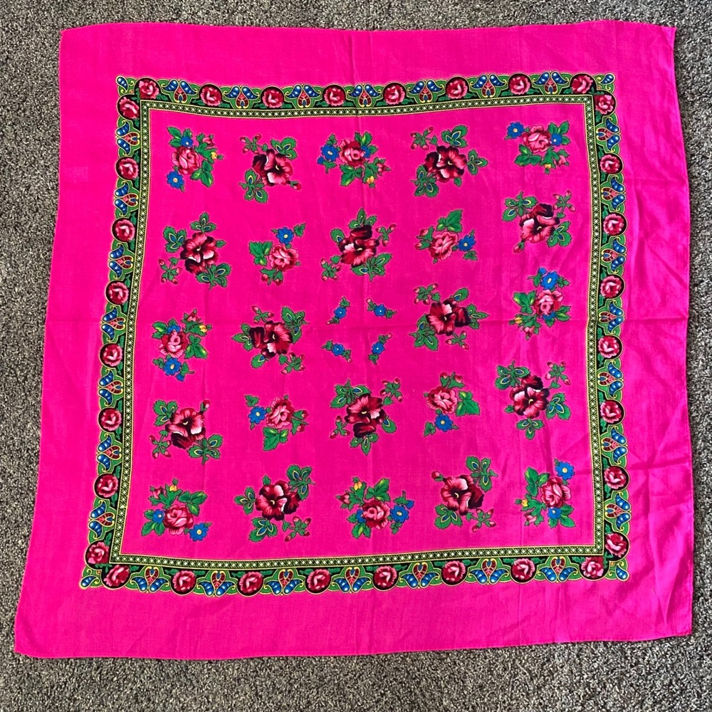 Vintage Hot Pink Floral Scarf Japan Rose Print Square Head Neck Scarf‎ 30"x30"